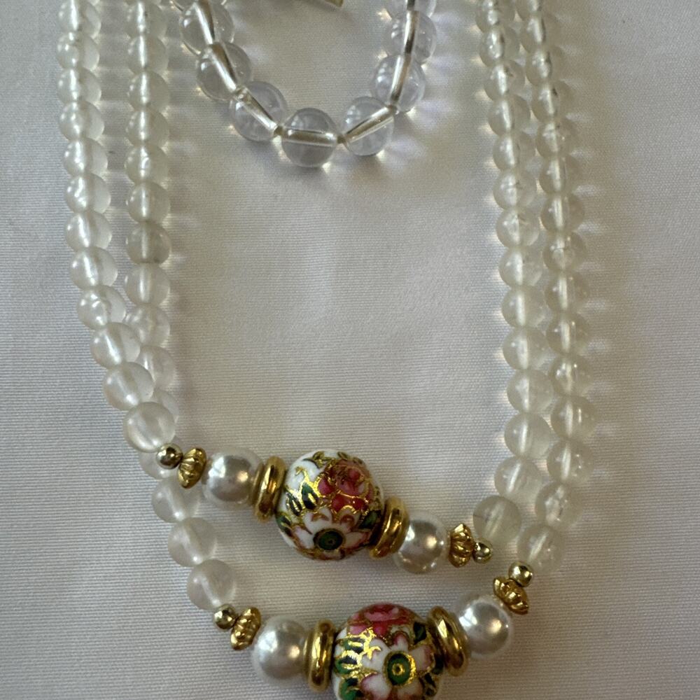 Vintage Quartz 40" Necklace Cloisonne Beads Estate Piece W/ Glass Beads Bracelet